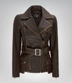 Women’s distressed brown leather longline motorcycle jacket