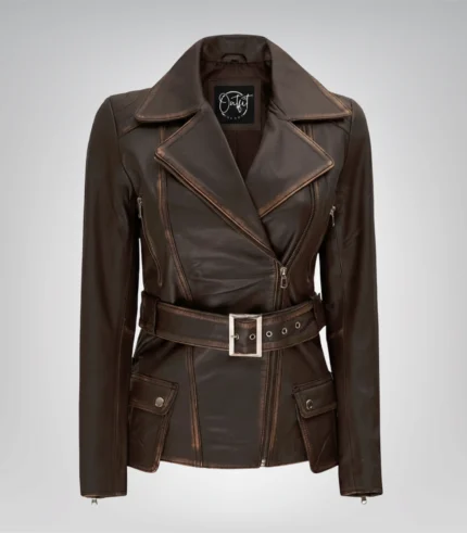 Women’s distressed brown leather longline motorcycle jacket