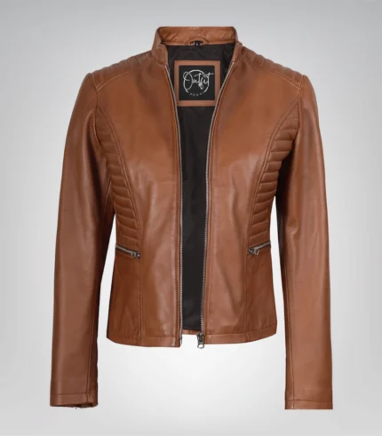 Women’s slim-fit tan jacket crafted in real leather