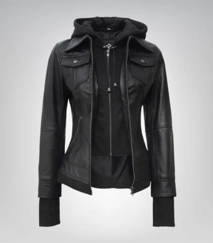 Women’s black hooded bomber jacket in real leather by Céleste