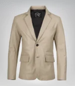 Beige real leather two-button blazer for men with notch lapel