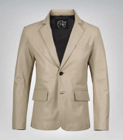 Beige real leather two-button blazer for men with notch lapel