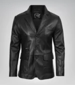 Black real leather three-button blazer for men with traditional notch lapel