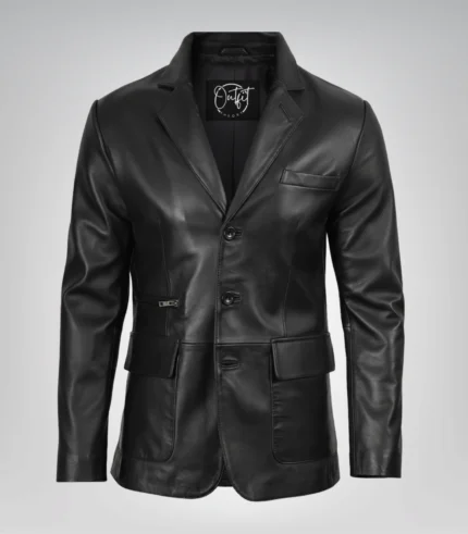 Black real leather three-button blazer for men with traditional notch lapel