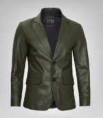 Olive green real leather two-button blazer jacket for men