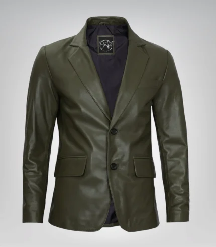 Olive green real leather two-button blazer jacket for men
