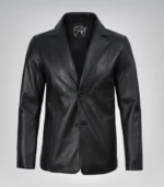 Black real leather two-button blazer for men with notch lapel