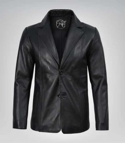 Black real leather two-button blazer for men with notch lapel
