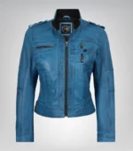 Women’s Premium Blue Leather Biker Jacket Waxed Lambskin - Image 2