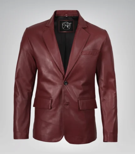 Maroon real leather two-button blazer for men