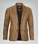 Camel brown real leather two-button blazer jacket for men