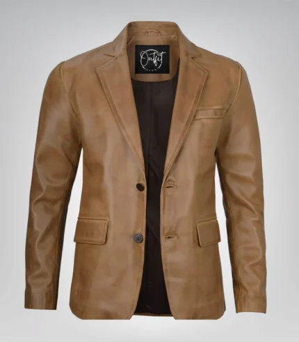 Camel brown real leather two-button blazer jacket for men