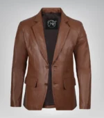 Cognac real leather two-button blazer jacket for men