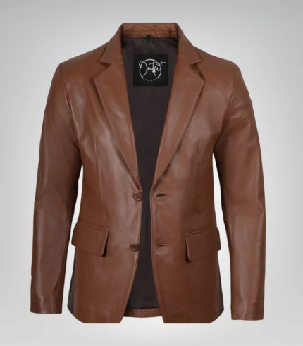 Cognac real leather two-button blazer jacket for men