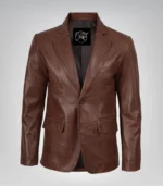 Cognac real leather two-button waxed blazer for men