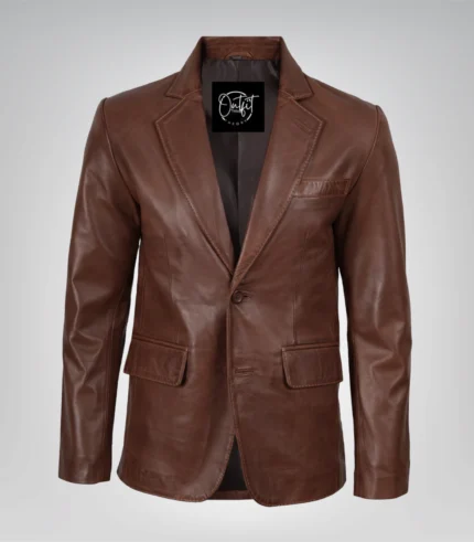 Cognac real leather two-button waxed blazer for men