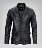 Men’s Two-Button Black Leather Blazer with Notch Lapel - Image 2