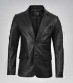 Black real leather two-button blazer for men with notch lapel