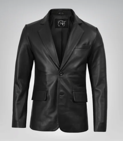 Black real leather two-button blazer for men with notch lapel