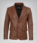 Cognac real leather two-button blazer for men with notch lapel