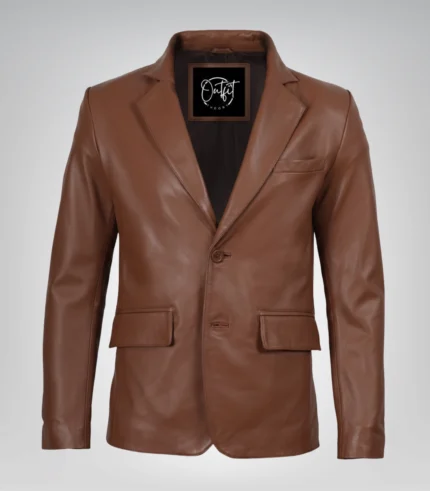 Cognac real leather two-button blazer for men with notch lapel
