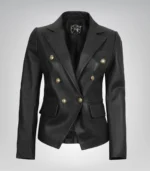 Black real leather double-breasted blazer for women by Kim