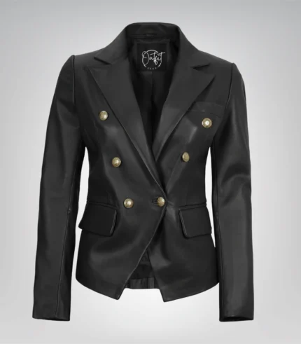 Black real leather double-breasted blazer for women by Kim