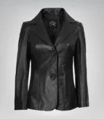 Black real leather two-button blazer for women