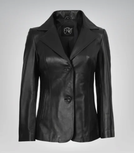 Black real leather two-button blazer for women