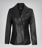 Black real leather double-breasted coat for women