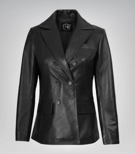 Black real leather double-breasted coat for women