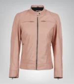Premium light pink moto leather jacket for women