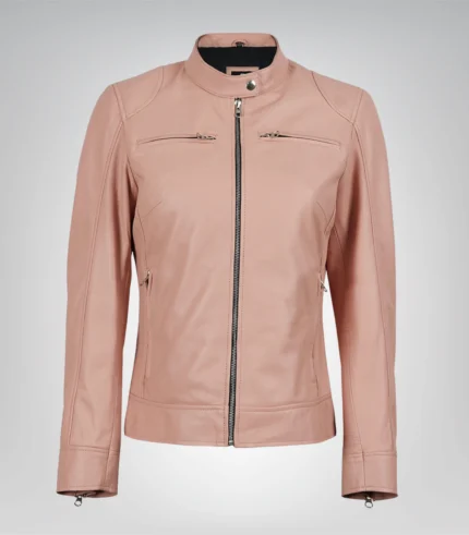 Premium light pink moto leather jacket for women