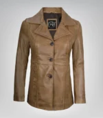 Camel real leather three-button blazer for women