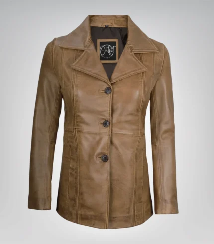 Camel real leather three-button blazer for women