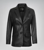 Black real leather two-button blazer for women