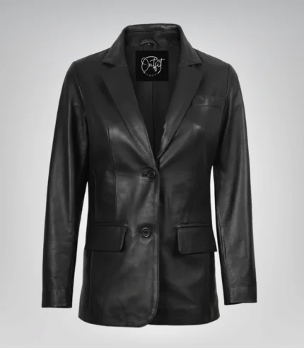 Black real leather two-button blazer for women