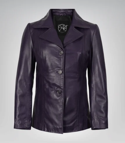 Purple real leather three-button blazer for women