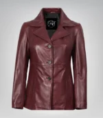 Burgundy real leather three-button blazer for women