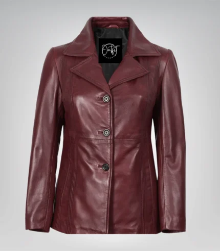 Burgundy real leather three-button blazer for women