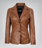 Tan real leather two-button blazer for women