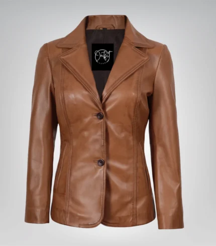 Tan real leather two-button blazer for women