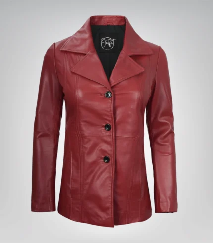 Red genuine lambskin leather blazer for women