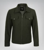 Men’s premium olive green wool utility jacket with zip closure