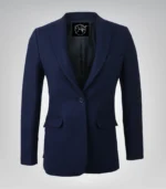 Women’s Navy Blue Wool Blazer with Notch Lapel Single Button Tailored Jacket - Image 3