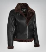 Women’s premium dark brown leather bomber jacket with cozy shearling accents