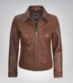 Women’s premium cognac leather moto jacket – Harrington design