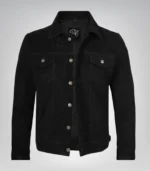 Men’s Classic Black Suede Trucker Jacket Real Suede Button Front Style - Image 3