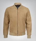 Men’s Camel Brown Real Suede Bomber Jacket Premium Zip Front Style - Image 3