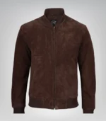 Men’s Dark Brown Real Suede Bomber Jacket Classic Zip Front Style - Image 3